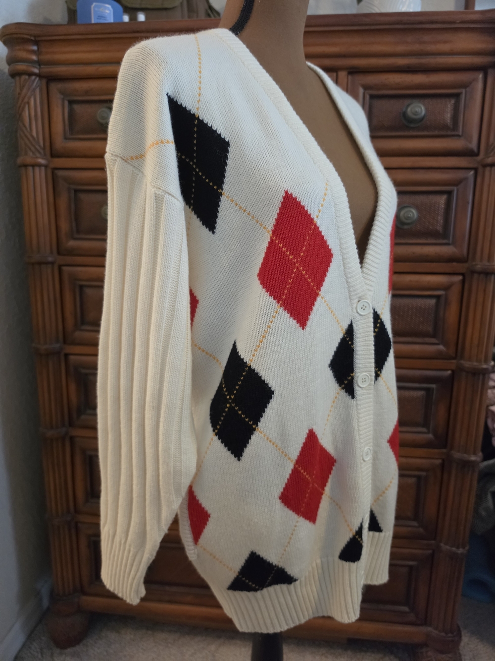 Vtg Wool Blend Argyle Cardigan Oversized Knit Small Grandpa Dark Academia Retro - Picture 4 of 11